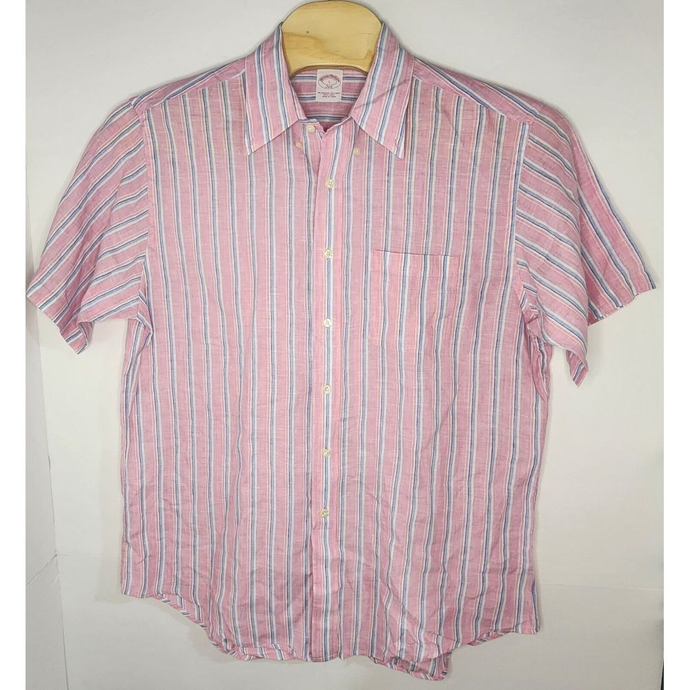 Brooks Brothers 100% Linen Mens Size L Short‎ Sleeve Button Down Pink Striped